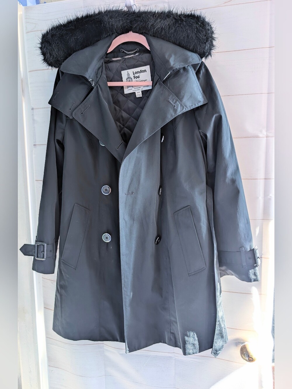 Nwot London Fog Winter Trench Coat W/ Faux Fur Hood And Removable Lining Size M